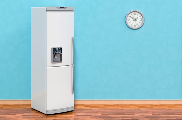 White fridge in room on the wooden floor 3D rendering