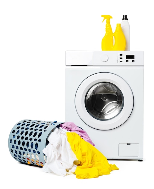 white front load washing machine and laundry basket
