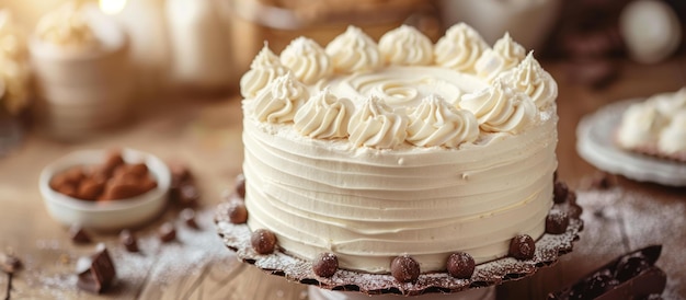 Photo white frosted cake on wooden table