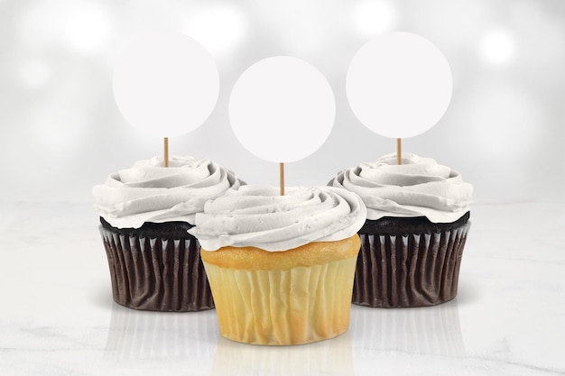 Photo white frosted cupcake topper mockup with lights