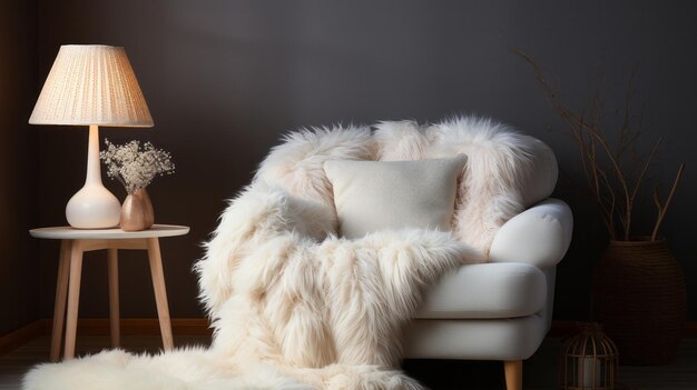 White fur armchair near wall with fur decor and fluffy generative ai