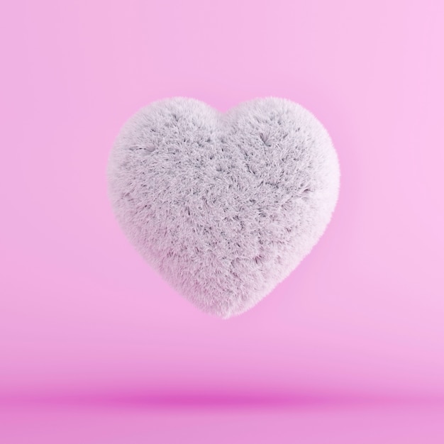 White Fur Heart floating. Minimal Valentine concept. 3D Render