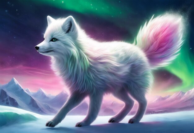 The white fur of a majestic Arctic fox dances with shimmering hues across the snowy landscape