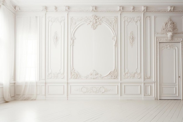 白いフレームと大きな窓を持つ白い家具
