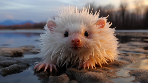 A white furry animal sitting on top of a body of water ai