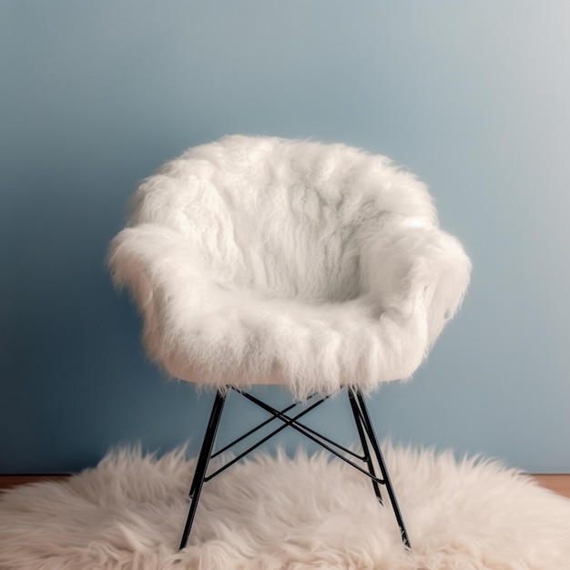 A white furry chair with a black stool on a rug in front of a blue wall.