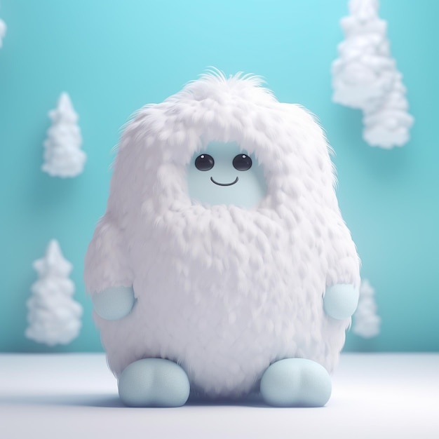 A white furry toy with a big, furry, furry, furry body sits in front of a blue background with white snowflakes.