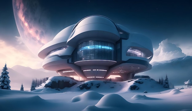 White futuristic house in snowy place Generative AI