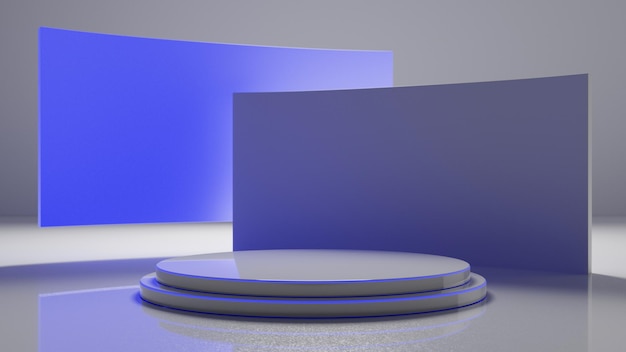 White futuristic minimalistic space with podium with blue lights