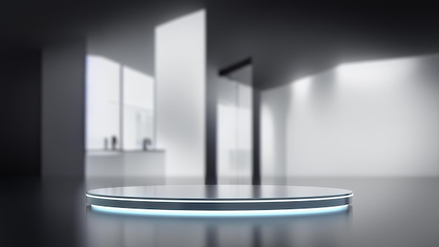 White futuristic pedestal with laboratory background