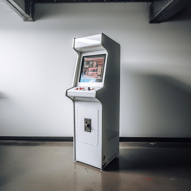 a white game machine with a red box on the bottom.