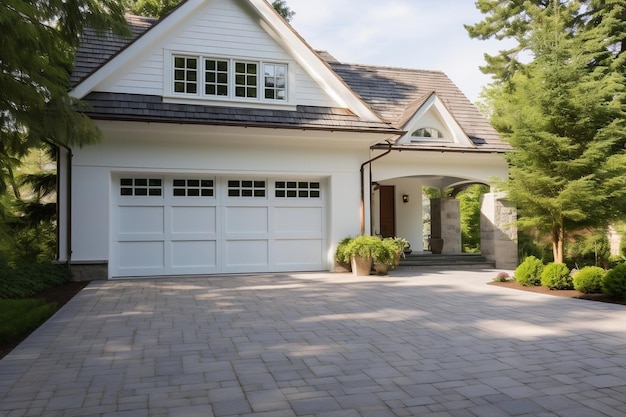 White Garage Door with a Driveway in Front of House Generative AI