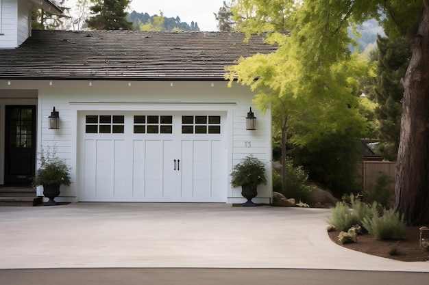 Photo white garage door with a driveway in front of house generative ai