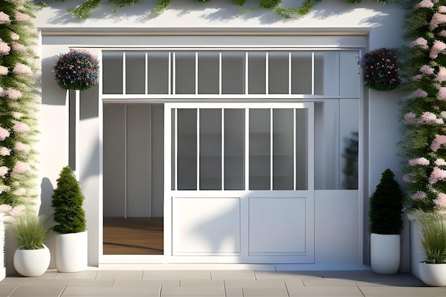 A white garage door with a white frame and a window with the word garage on it.