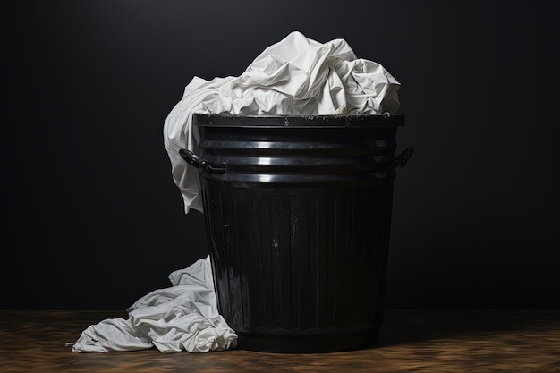 White garbage bin with black garbage bag