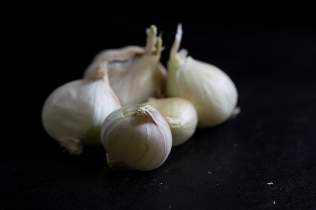 white garlic isolated on black background