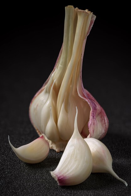 White garlic isolaten in the dark background