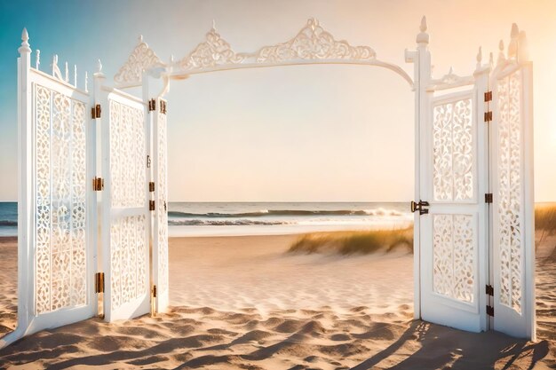 Белые ворота на пляже с заходящим за них солнцем.