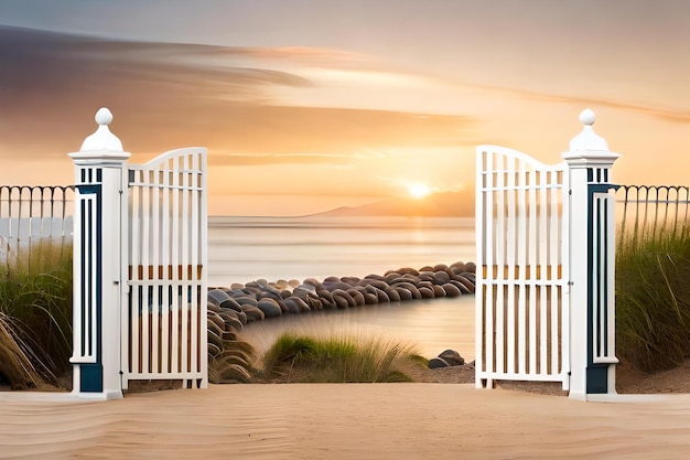 写真 夕日を背景に白い門