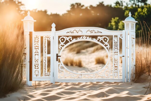 Photo a white gate with a white arch that says 