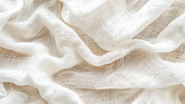 White Gauze Fabric with Soft Waves and Folds Creating an Abstract and Delicate Background Texture