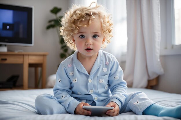 白人のアルファ世代の赤ちゃんボーイ・カーリー・ヘアは手でデジタルデバイスを室内で探求しています