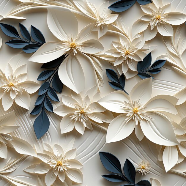 White geometric floral leaves 3d style seamless pattern