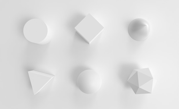 white geometry abstract objects set cone cube sphere and cylinder object on plane