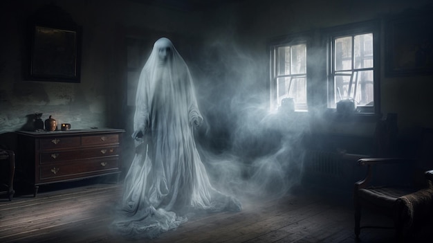 White Ghost Avatar inside a house mansion spooky Halloween ghost scary background