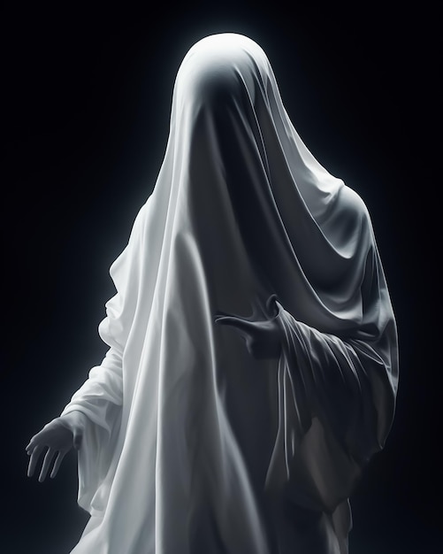 A white ghost in a dark room stands in holy pose with black background