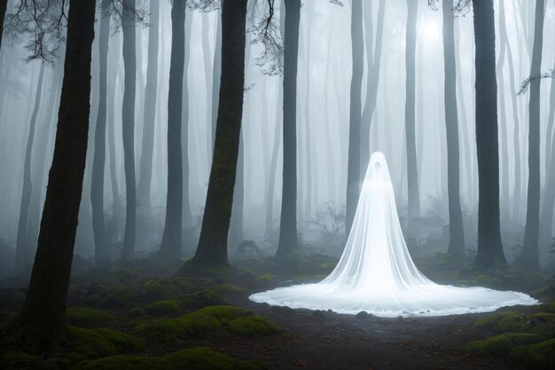 a white ghost in a foggy forest