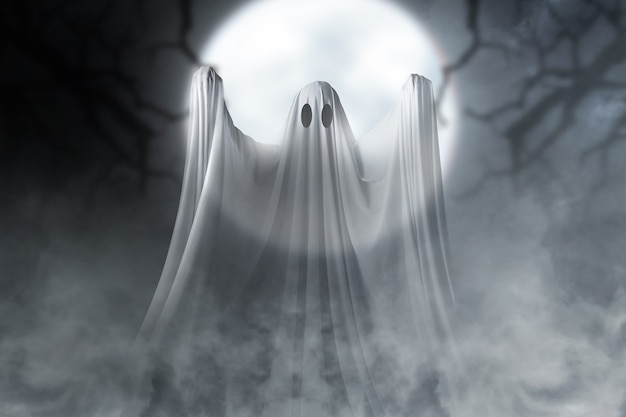 White ghost haunting with a night scene background. Halloween concept