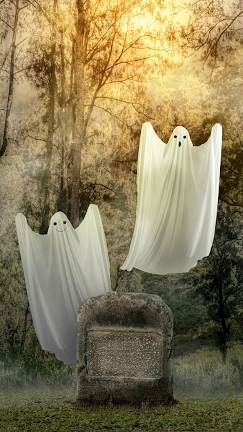 写真 お化けの森の中に墓石を持つ白い幽霊かわいいハロウィーンの壁紙のコンセプト