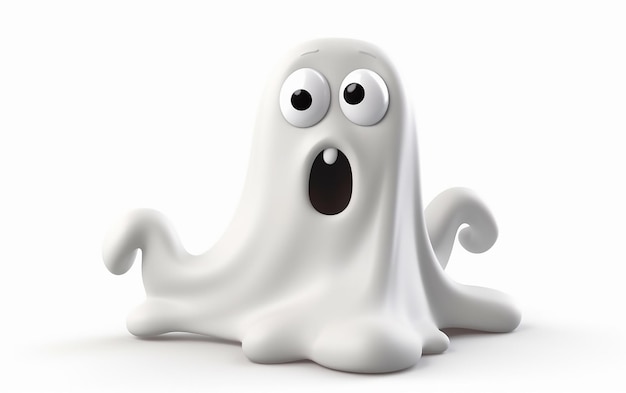 A white ghost with big eyes and a big mouth is on a white background.