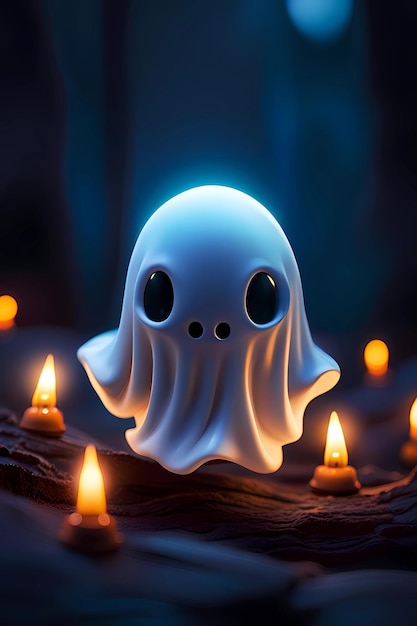 a white ghost with candles in the middle of the darkness