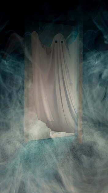 Photo white ghosts haunt with white smoke background scary ghost halloween concept