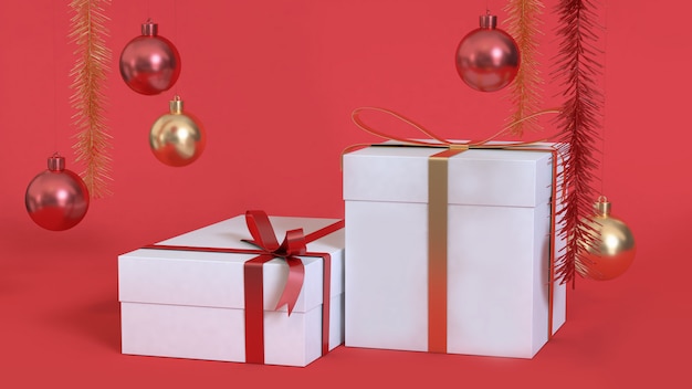 white gift box of abstract christmas background 3d rendering metallic red gold ball