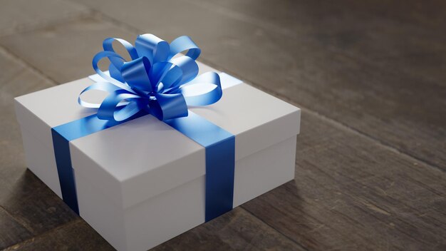 Photo white gift box background with blue ribbon tied 3d rendering