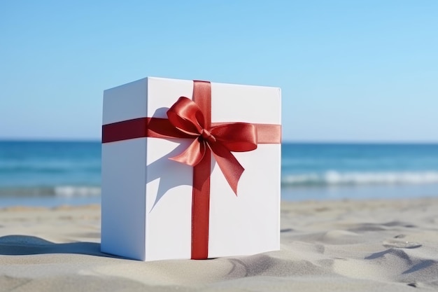 White gift box on the beach