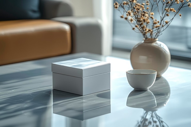 Photo white gift box on a marble tabletop