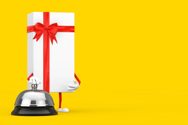 White Gift Box and Red Ribbon Character Mascot with Hotel Service Bell Call on a yellow background. 3d Rendering