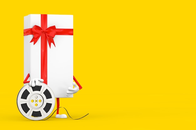 White Gift Box and Red Ribbon Character Mascot with Red Map Pointer Target Pin on a yellow background. 3d Rendering