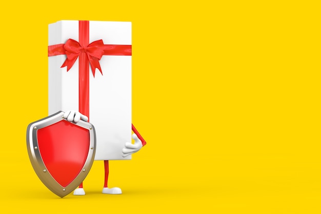노란색 배경에 빨간색 금속 보호 방패가 있는 흰색 선물 상자와 빨간색 리본 캐릭터 마스코트. 3d 렌더링