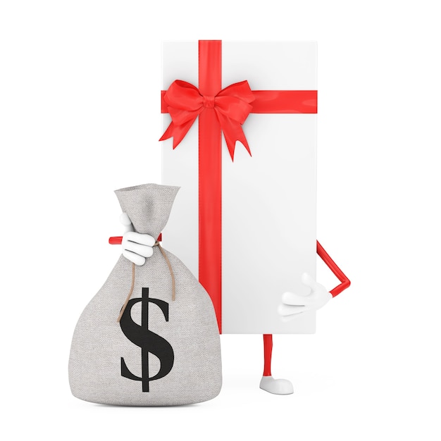 White Gift Box and Red Ribbon Character Mascot with Tied Rustic Canvas Linen Money Sack or Money Bag and Dollar Sign on a white background. 3d Rendering