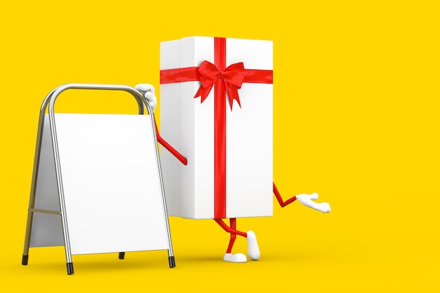 흰색 선물 상자와 흰색 빈 광고 판촉이 있는 빨간색 리본 캐릭터 마스코트는 노란색 배경에 서 있습니다. 3d 렌더링