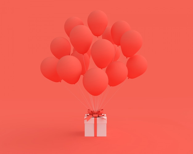 White gift box with balloon on red background. 