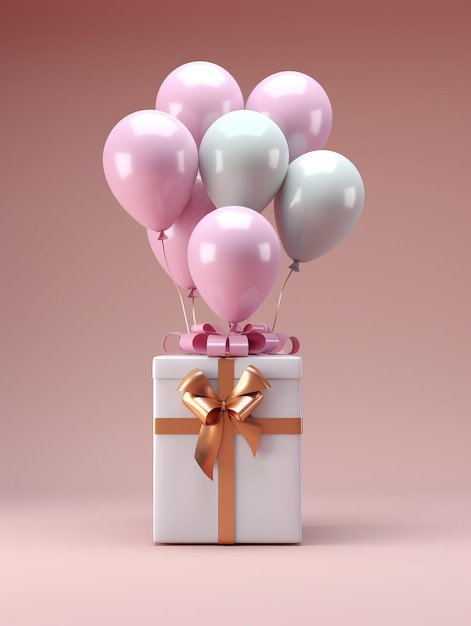 белая подарочная коробка с воздушными шарами, плавающими на ней в стиле приглушенных цветов zbrush окрашенных