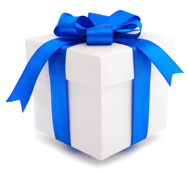 White gift box with blue ribbon