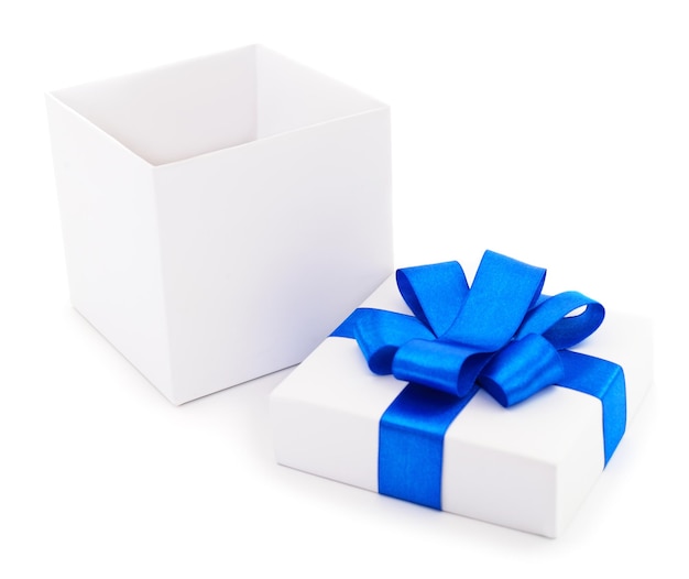 White gift box with blue ribbon