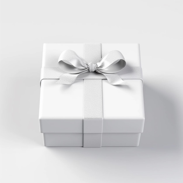 A white gift box with a bow on it and a white bow.